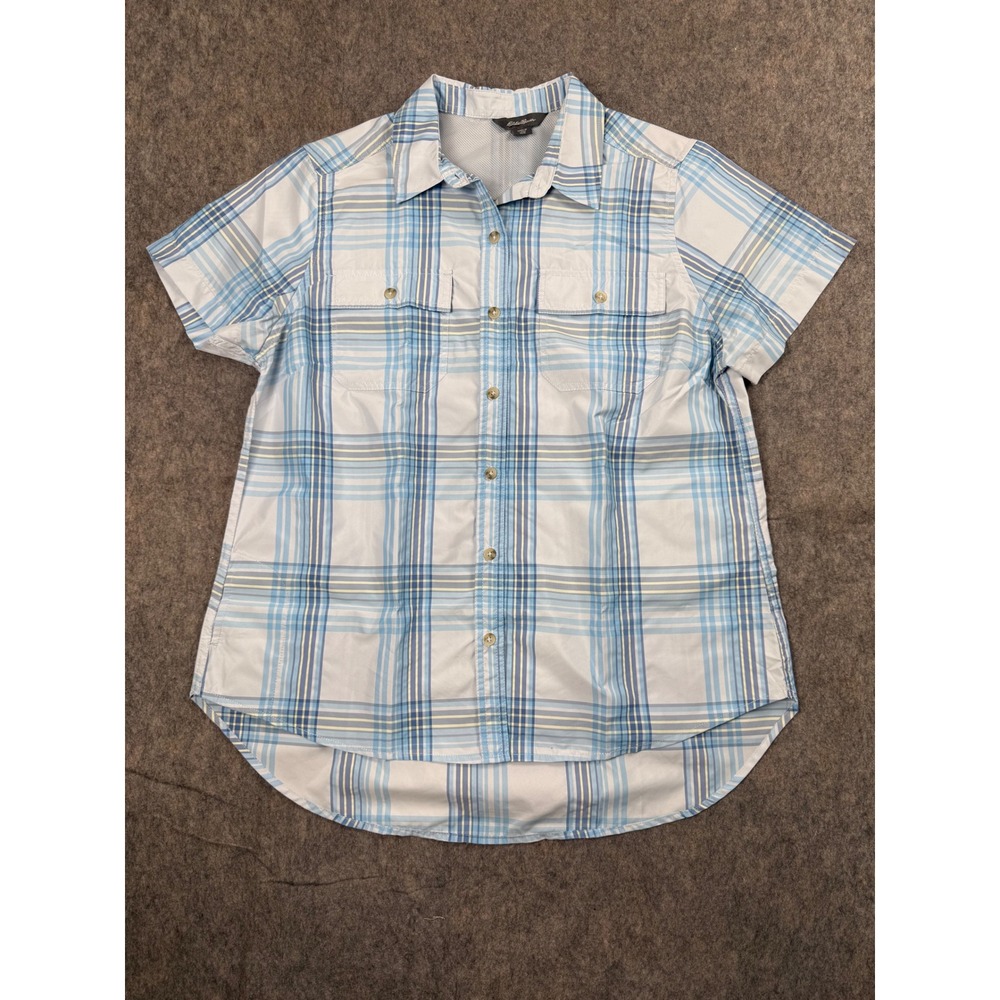 Eddie Bauer Mens Blue Plaid Short Sleeve Button Down Hiking Shirt Size Medium
